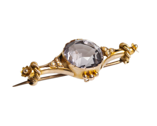 Antique Belle Epoque 10k Gold, Rose De France Amethyst & Seed Pearl Bar Brooch / Pin  (A1311)