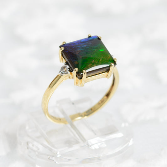 9ct 9k Gold Ring With Rainbow Ammolite & Rock Crystal Quartz Gemstones UK Size N (A1327)