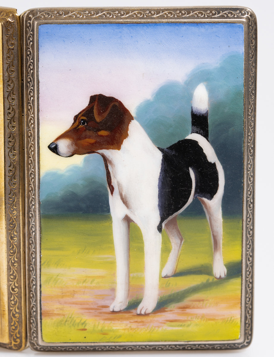 Art Deco Hand Painted Enamel Terrier Dog Cigarette Case Gold Cased (A1338)