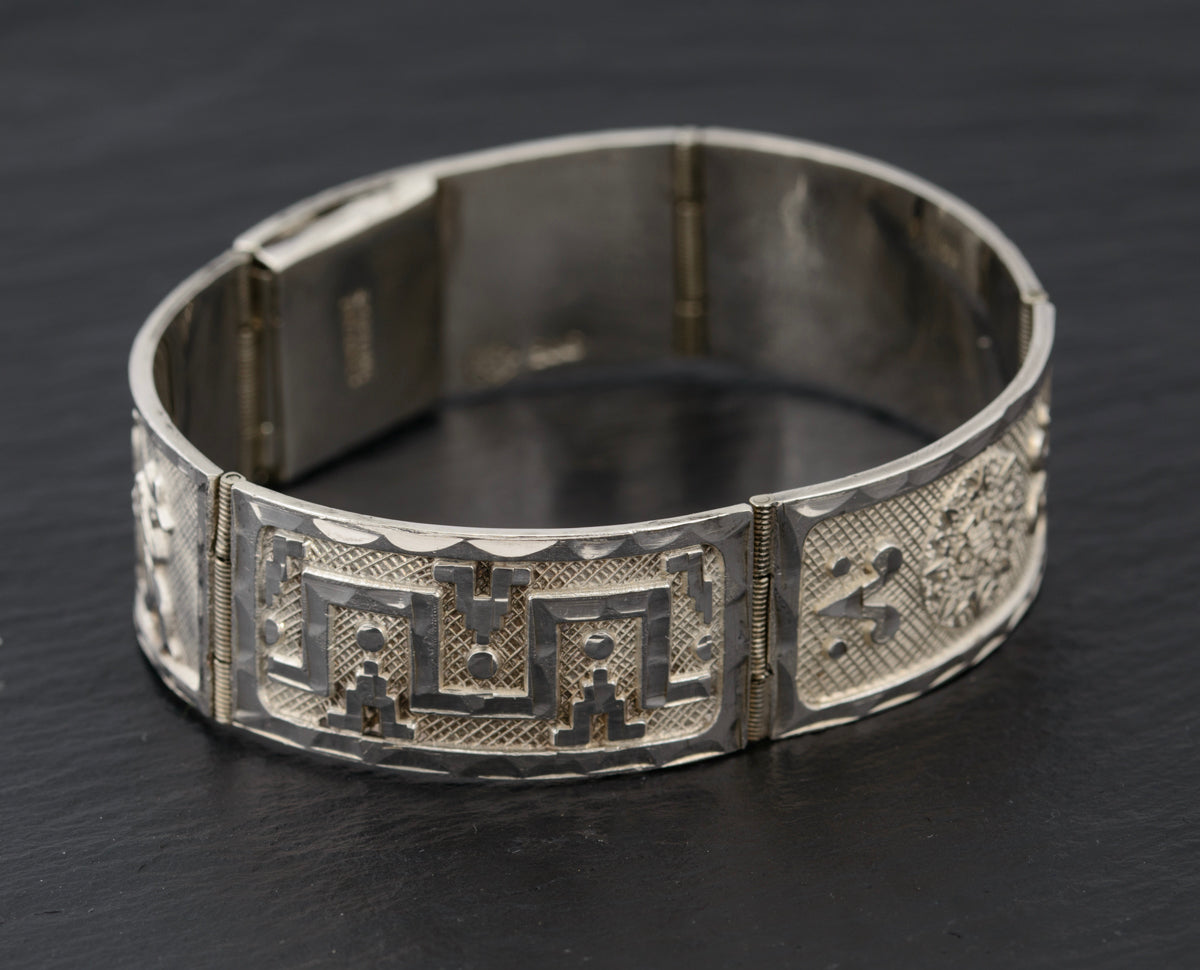 Vintage 950 Sterling Silver Aztec Mayan Camel Panel Link Bracelet 7 1/2