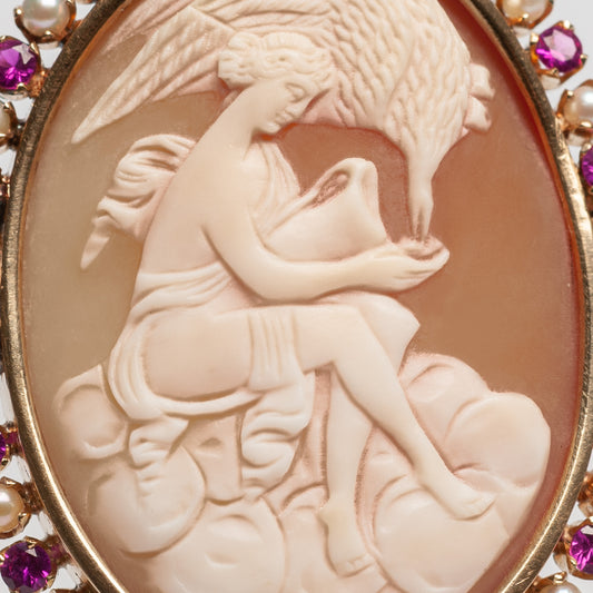 22ct Gold Cameo Brooch/Pendant Diamond Sapphire & Pearl Hebe feeding Zeus (Code A456)