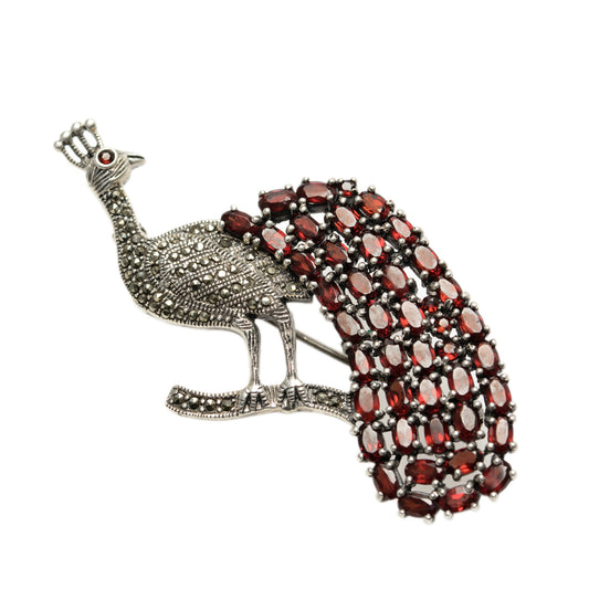 Art Deco Sterling Silver & Garnet Peacock Bird Vintage Large Brooch c.1940  (Code A794)